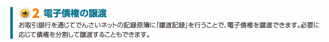 2.電子債権の譲渡：お取引銀行を通じてでんさいネットの記録原簿に「譲渡記録」を行うことで、電子債権を譲渡できます。必要に応じて債権を分割して譲渡することもできます。