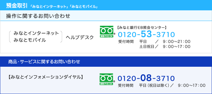 預金取引(みなとインターネット・みなとモバイル)操作にお問い合わせは、みなと銀行EB照会センター(0120-53-3710・通話料無料、受付時間:平日9:00〜21:00・土日祝日9:00〜17:00)/商品・サービスに関するお問い合わせは、インフォメーションダイアル(0120-08-3710・通話料無料、受付時間:9:00〜17:00(銀行窓口営業日のみ))へ