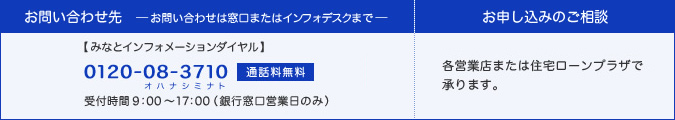 お問い合わせは窓口、またはインフォデスク(0120-08-3710(オハナシミナト)・通話料無料、受付時間：9:00〜17:00(銀行窓口営業日のみ))へ