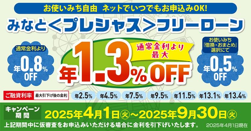 お使いみち自由 ネットでいつでもお申込みOK! みなとプレシャスフリーローン 通常金利より年0.8%オフ お使いみち「借換・おまとめ」選択にて年0.5%オフ 通常金利より最大年1.3%オフ キャンペーン期間2025年4月1日~2025年9月30日 期間中に仮審査をお申込みいただける場合に金利を引下げいたします