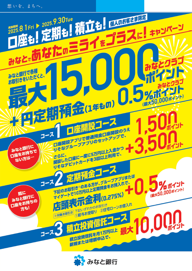 口座も!定期も!積立も!みなとであなたのミライをプラスに!キャンペーン