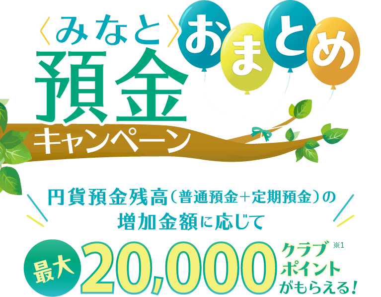 みなと預金おまとめ預金 円貨預金残高(普通預金+定期預金)の増加金額に応じて最大20,000クラブポイントがもらえる!※1