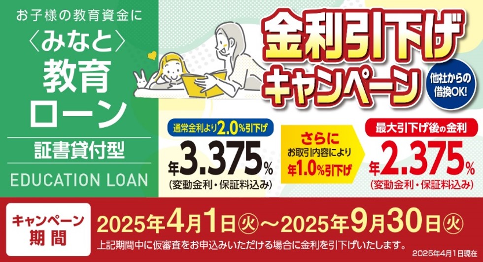 お子様の教育資金にみなと教育ローン証書貸付型 金利引下げキャンペーン 通常金利より2.0%引下げ年3.375%（変動金利・保証料込み） さらにお取引内容により年1.0%引下げ 最大引下げ後の金利年2.375%（変動金利・保証料込み） キャンペーン期間2025年4月1日～2025年9月30日 期間中に仮審査をお申込みいただける場合に金利を引下げいたします