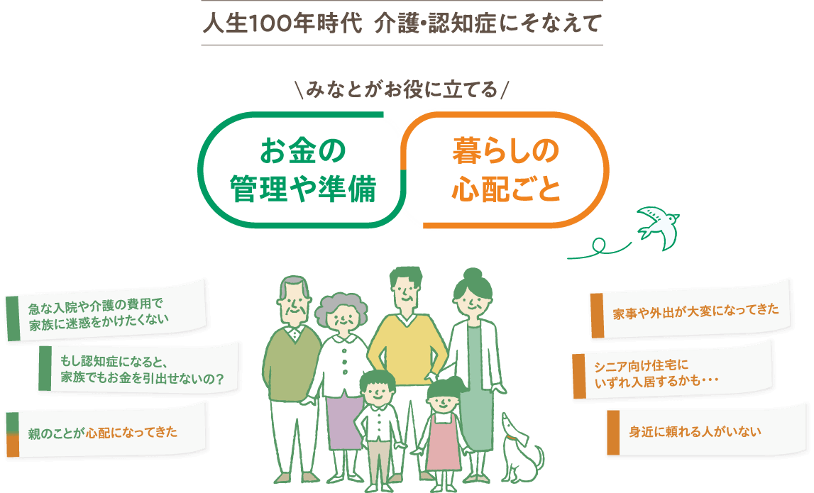人生100年時代　介護・認知症にそなえて。みなとがお役に立てる　お金の管理や準備　暮らしの心配ごと