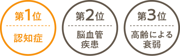 第1位：認知症。第2位：脳血管疾患。第3位：高齢による衰弱