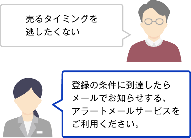 売るタイミングを逃したくない　登録の条件に到達したらメールでお知らせする、アラートメールサービスをご利用ください。