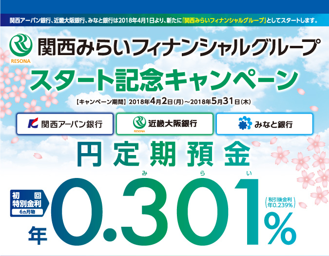 関西みらいフィナンシャルグループ スタート記念キャンペーン　2018年4月2日（月）〜2018年5月31日（木）