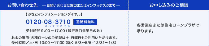 お問い合わせは窓口、またはインフォデスク(0120-08-3710(オハナシミナト)・通話料無料、受付時間：9:00〜17:00(銀行窓口営業日のみ))へ。お金の運用・各種ローンのご相談は土・日曜日もご利用いただけます。受付時間／土・日 10:00〜17:00（除く 5/2〜5/5・12/31〜1/3）